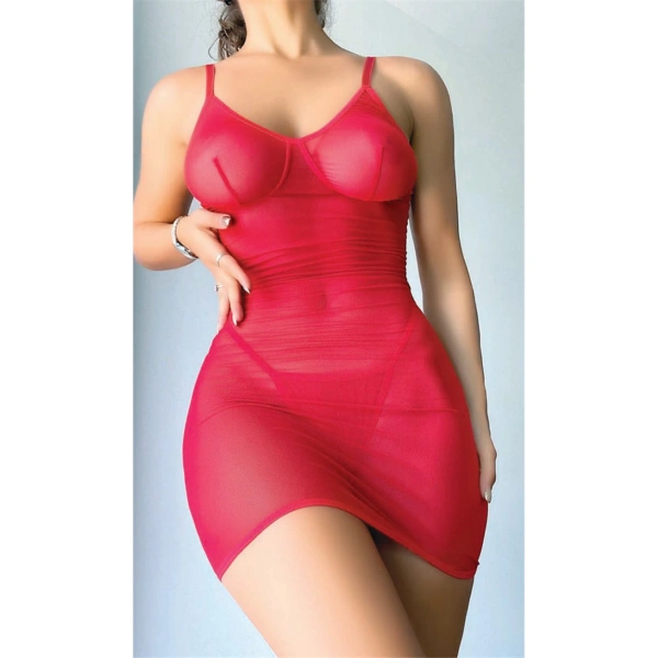 Kırmızı Arkası İp Detaylı Fantezi Mini Gecelik - SSSSSS9929-8970