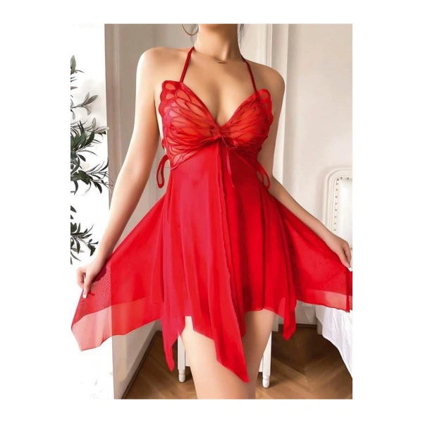 Kırmızı İşlemeli Tül Fantezi Gecelik - SSSSSS5054-8625