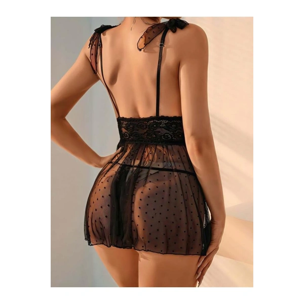 Siyah Dantel İşlemeli Puantiyeli Tül Fantezi Gecelik - SSSSSS7545-8096