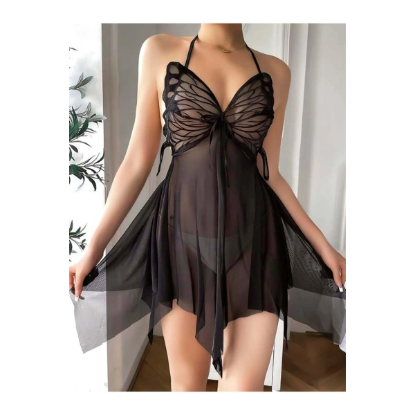 Siyah İşlemeli Tül Fantezi Gecelik - SSSSSS8666-5180