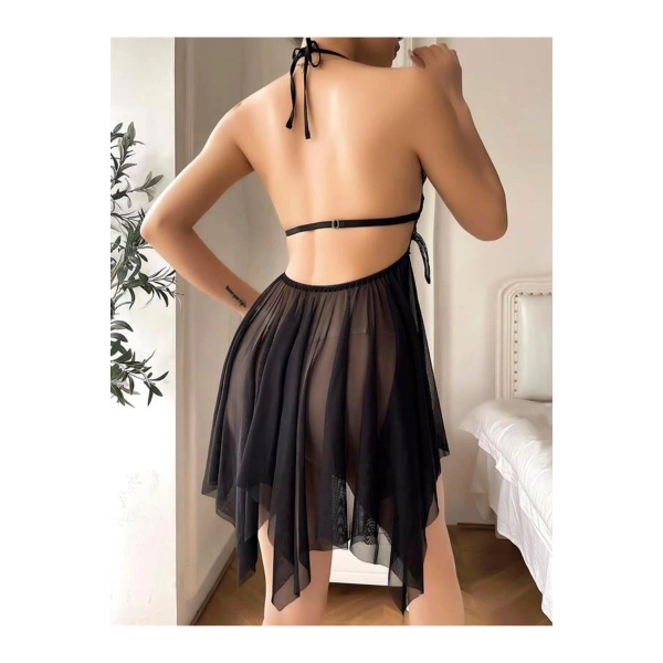 Siyah İşlemeli Tül Fantezi Gecelik - SSSSSS8666-5180