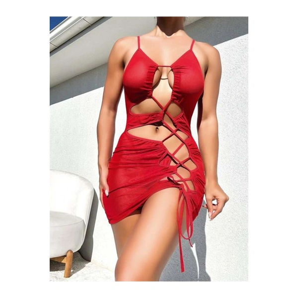 Şık Tasarım Kırmızı İp Bağlamalı Fantezi Gece Elbisesi - SSSSSS9182-5016