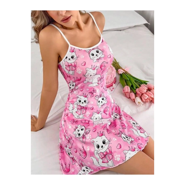 Pembe Kedi Desenli Fantezi Gecelik - SSSSSS9960-5752
