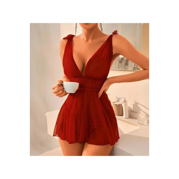 Bordo Dantel İşlemeli Puantiyeli Tül Fantezi Gecelik - SSSSSS2761-7099