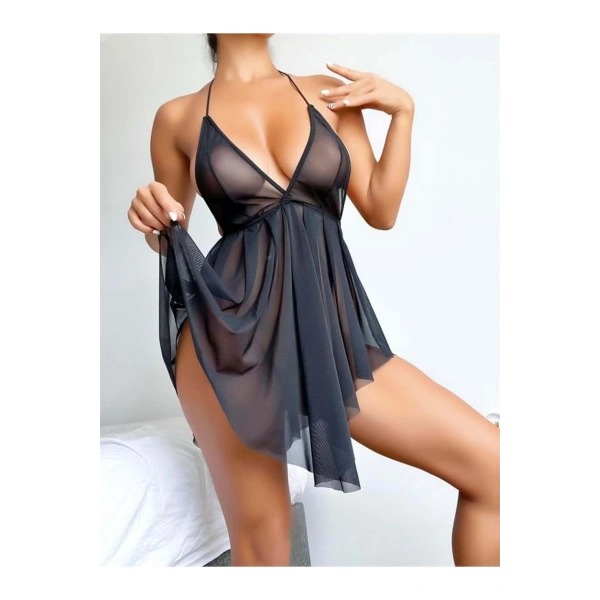 Siyah Şık Mini Fantezi Tül Gecelik - SSSSSS8303-7389
