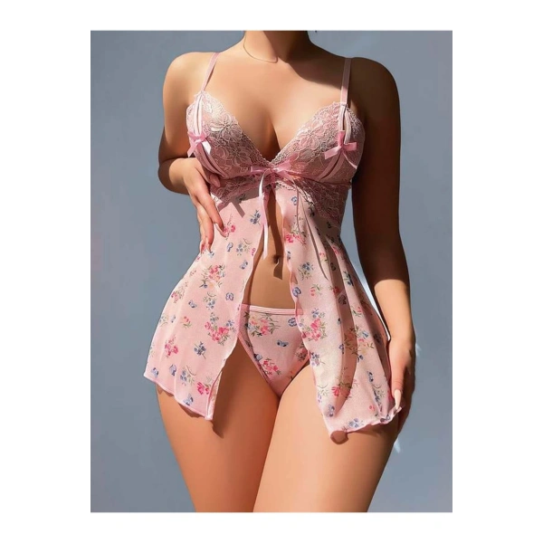 Pembe Dantel İşlemeli Çiçek Desenli Fantezi Gecelik - SSSSSS2724-7795