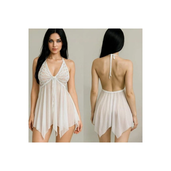 Göğüs Detaylı Fantezi Tül Beyaz Gecelik - SSSSSS5602-9883