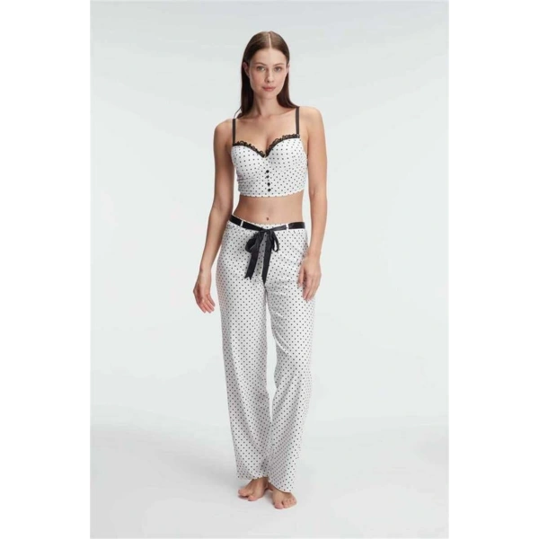 Fantezi Bralet Sütyen Pamuklu Puantiye Desenli Desteksiz Dantel Detaylı Pijama Tak - SSSSSS3594-1