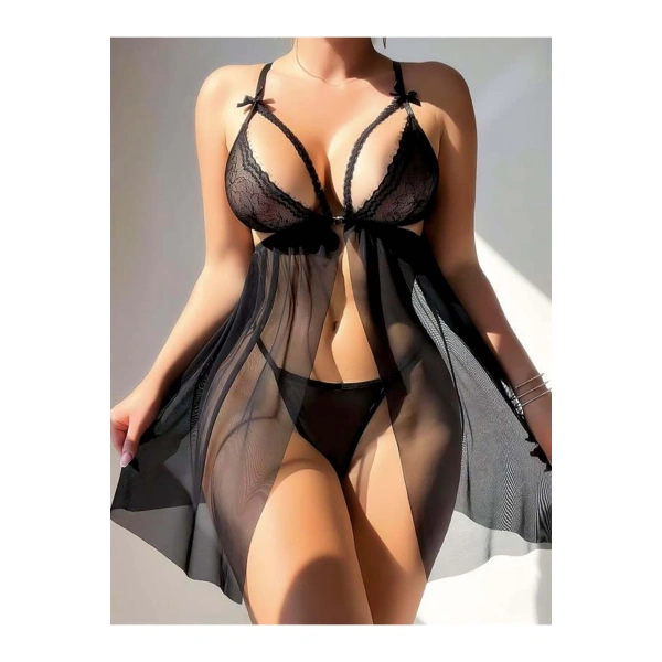 Siyah Göğüs Detaylı Yırtmaçlı Fantezi Tül Gecelik - SSSSSS2002-7607