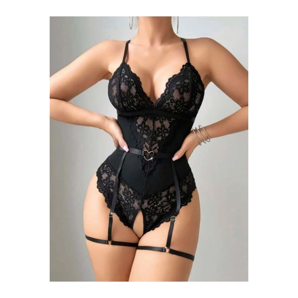 Siyah Özel Bölgesi Açık Dantel İşlemeli Jartiyer Görünümlü Fantezi Body - SSSSSS4338-8723