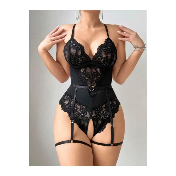 Siyah Özel Bölgesi Açık Dantel İşlemeli Jartiyer Görünümlü Fantezi Body - SSSSSS4338-8723