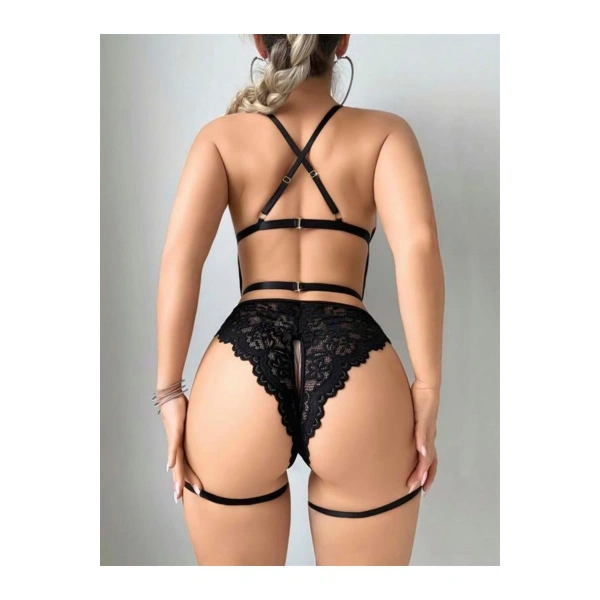 Siyah Özel Bölgesi Açık Dantel İşlemeli Jartiyer Görünümlü Fantezi Body - SSSSSS4338-8723