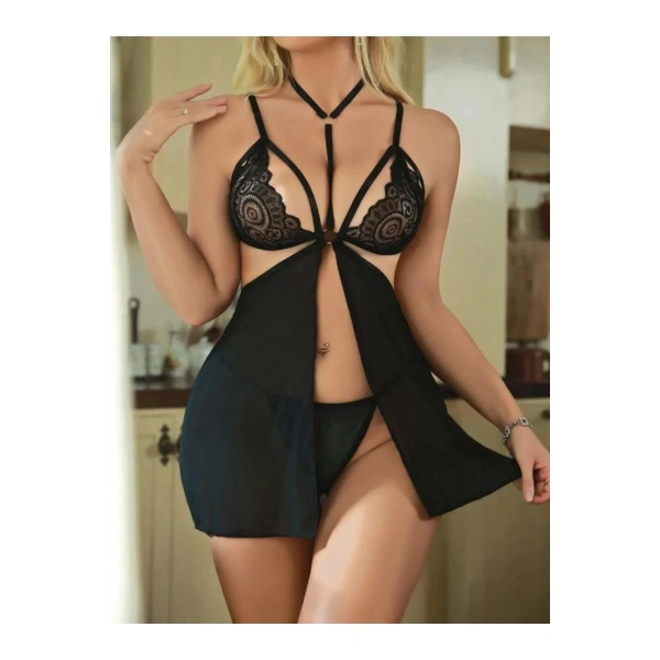 Siyah Dantel İşlemeli İp Detaylı Dekolteli Fantezi Tül Gecelik - SSSSSS2933-7623