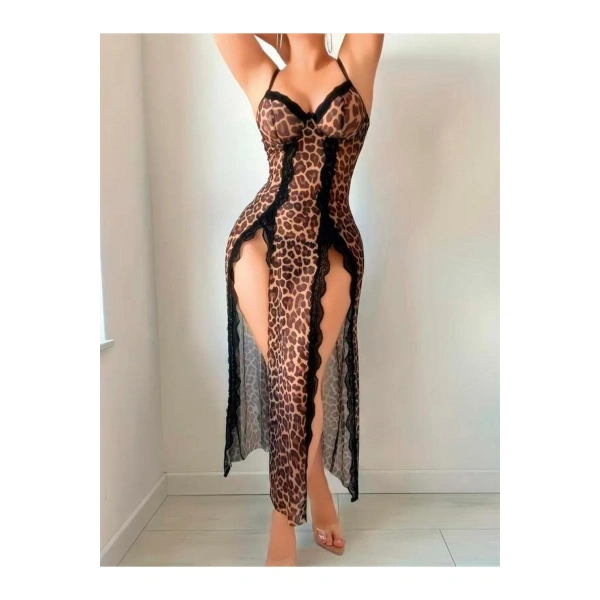 Leopar Desenli Yırtmaçlı Fantezi Uzun Gecelik - SSSSSS3568-3542