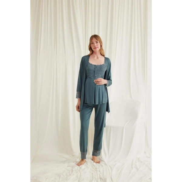 Dantelli Önü Düğmeli Hamile Lohusa 3lü Viskon Pijama Takımı - SSSSSS4129-9074