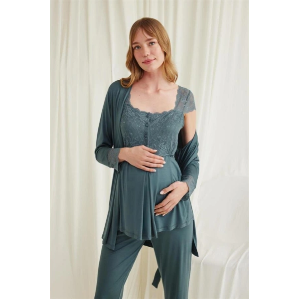 Dantelli Önü Düğmeli Hamile Lohusa 3lü Viskon Pijama Takımı - SSSSSS4129-9074