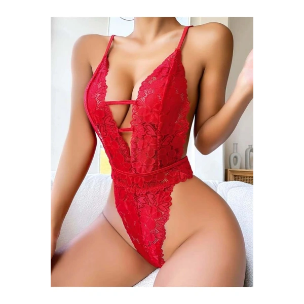 Kırmızı Dantel İşlemeli Göğüs Dekolteli Fantezi Body - SSSSSS2849-6672