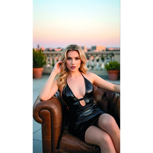 Sırt ve Göğüs Dekolteli Parlak Siyah Mini Deri Elbise - SSSSSS5517-9796