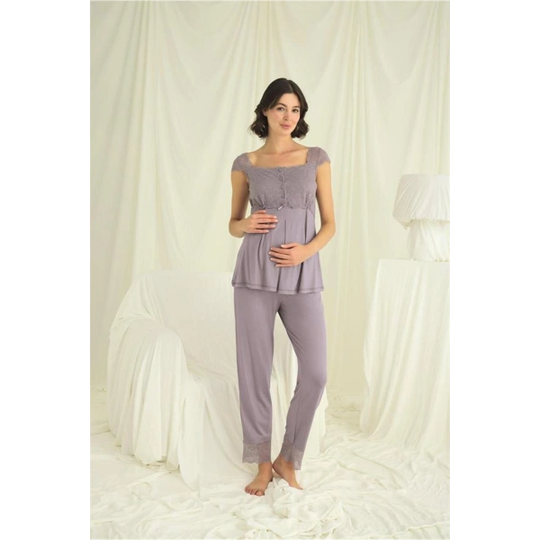 Dantelli Önü Düğmeli Hamile Lohusa 3lü Pijama Takımı - SSSSSS5493-3271