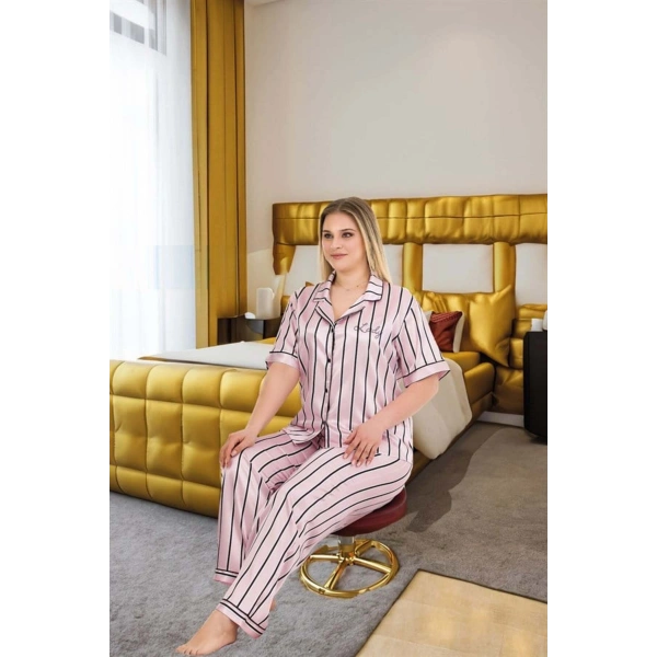 Büyük Beden Şık Tasarım Pembe Siyah Çizgili Düğmeli Kısa Kol Lüx Saten Pij - SSSSSS5202-5