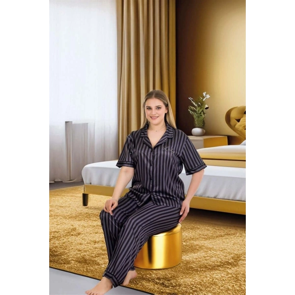 Büyük Beden Şık Tasarım Siyah Çizgili Düğmeli Kısa Kol Lüx Saten Pijama Ta - SSSSSS4303-2