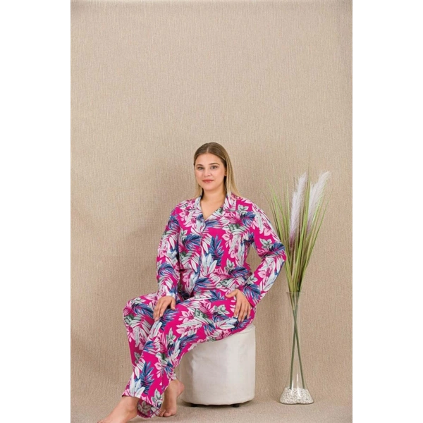 Büyük Beden Renkli Yaprak Desenli Düğmeli Uzun Kol Viskon Pijama Takımı - SSSSSS8920-5033