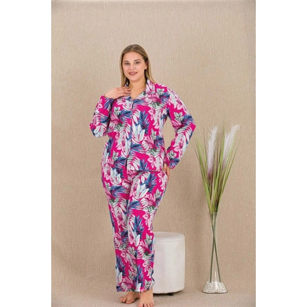 Büyük Beden Renkli Yaprak Desenli Düğmeli Uzun Kol Viskon Pijama Takımı - SSSSSS8920-5033