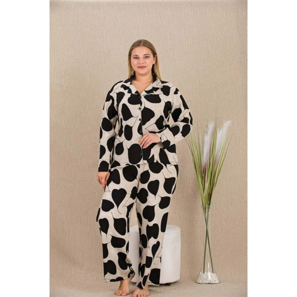 Büyük Beden Siyah Beyaz Kalp Desenli Düğmeli Uzun Kol Viskon Pijama Takımı - SSSSSS7866-1119
