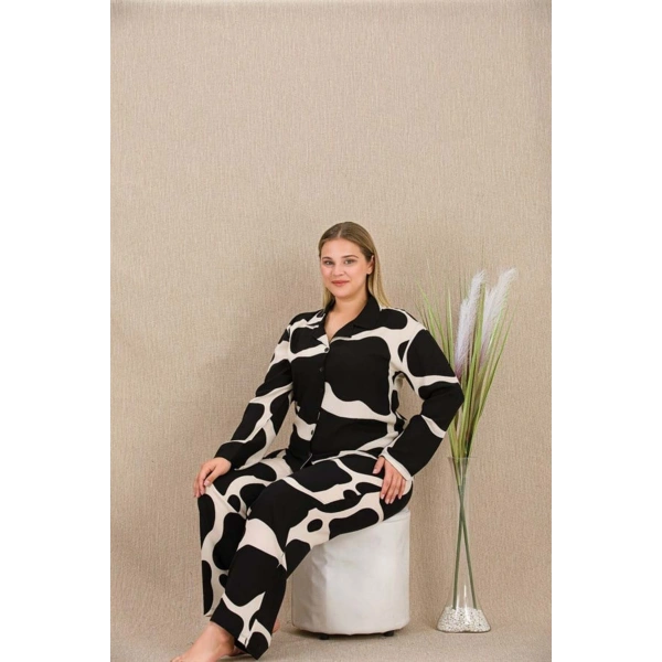 Büyük Beden Siyah Beyaz Desenli Düğmeli Uzun Kol Viskon Pijama Takımı - SSSSSS1144-8757