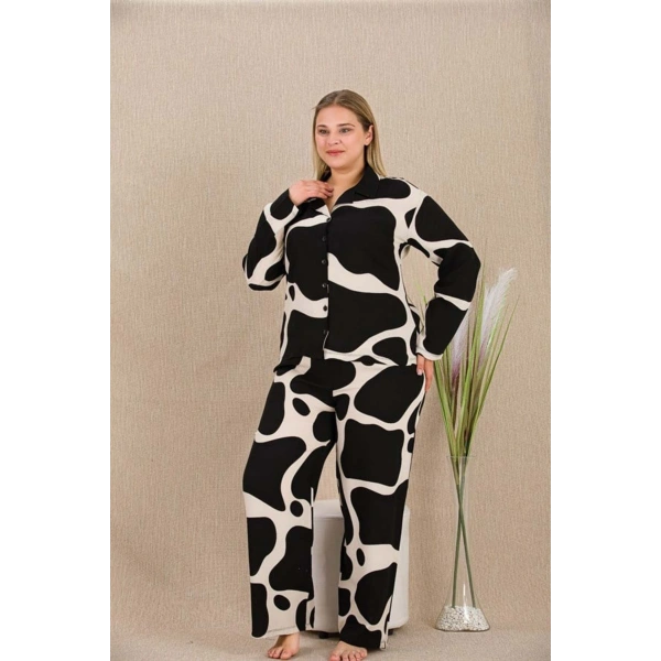 Büyük Beden Siyah Beyaz Desenli Düğmeli Uzun Kol Viskon Pijama Takımı - SSSSSS1144-8757