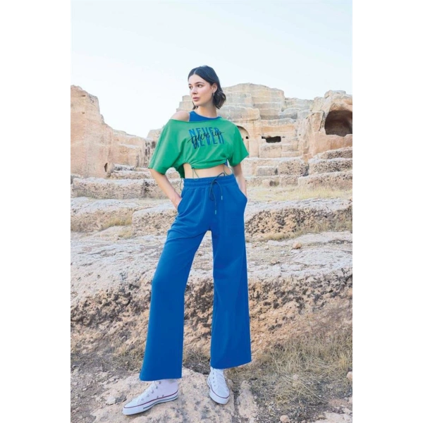 Kısa Kollu Never Give Up 3lü Crop Eşofman Takımı - SSSSSS5609-2573