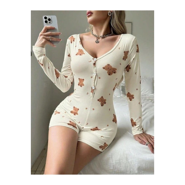 Pamuklu Ekru Ayıcık Desenli Düğmeli Tulum Pijama - SSSSSS4299-2142