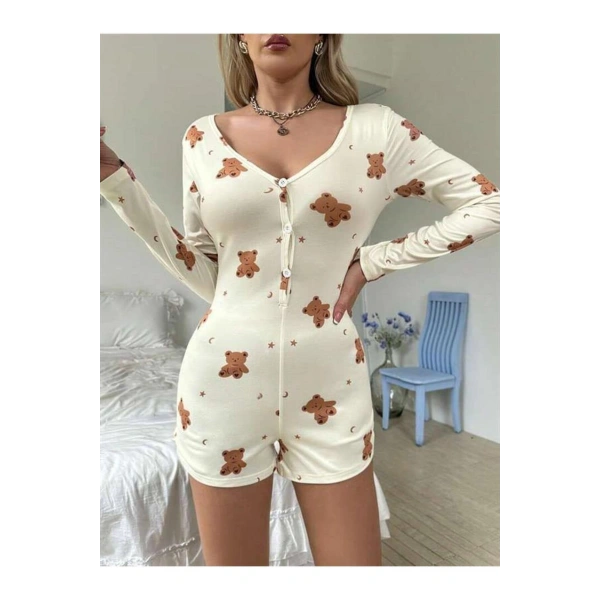 Pamuklu Ekru Ayıcık Desenli Düğmeli Tulum Pijama - SSSSSS4299-2142
