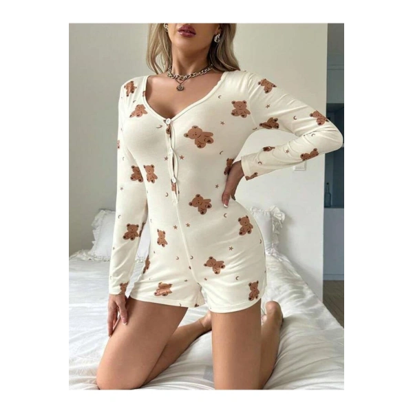Pamuklu Ekru Ayıcık Desenli Düğmeli Tulum Pijama - SSSSSS4299-2142