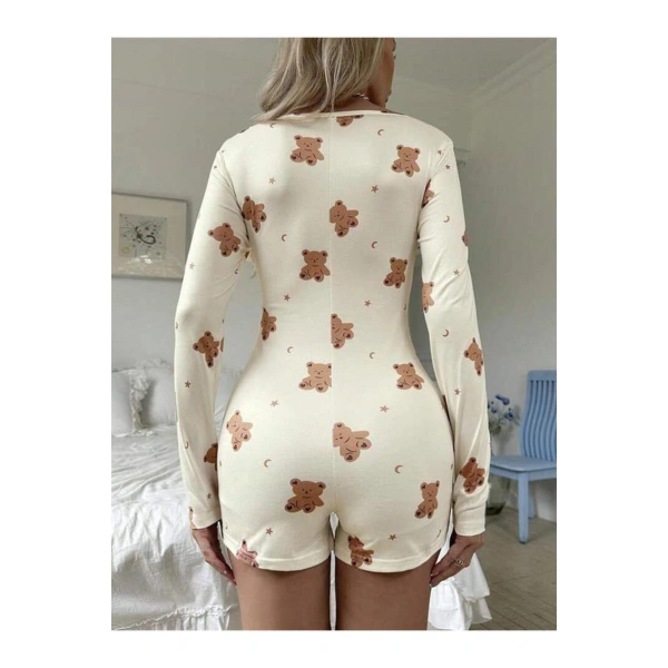 Pamuklu Ekru Ayıcık Desenli Düğmeli Tulum Pijama - SSSSSS4299-2142