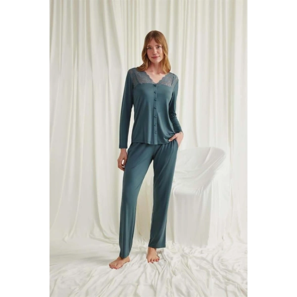Yakası Omzu ve Paçası Dantelli Boydan Düğmeli Pijama Takımı - SSSSSS1946-6216