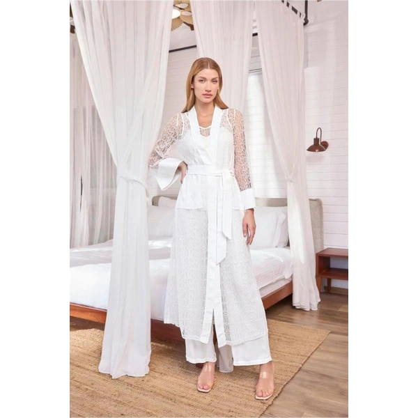Uzun Kollu Dantelli ve Kuşaklı Sabahlık - SSSSSS3757-2635
