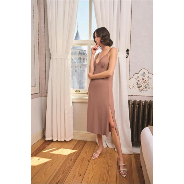 Yaprak Desenli Yırtmaçlı Dantelli ve Dekolteli Sabahlık Takımı - SSSSSS4910-7406