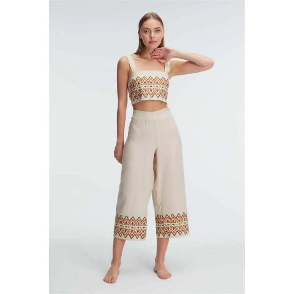Askılı Oyuk U Yaka Geometrik Yazlık Uzun Nakış Detaylı Pijama Takımı - SSSSSS7652-4718