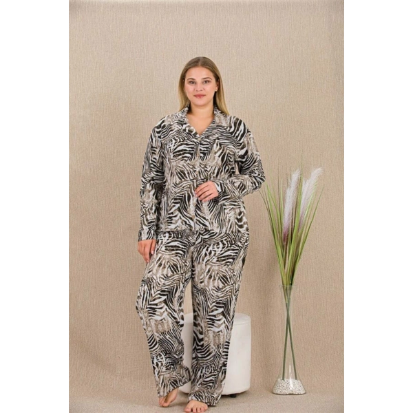 Büyük Beden Çizgili Düğmeli Uzun Kol Viskon Pijama Takımı - SSSSSS3023-3388
