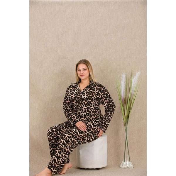 Büyük Beden Leopar Desenli Düğmeli Uzun Kol Viskon Pijama Takımı - SSSSSS4520-3464