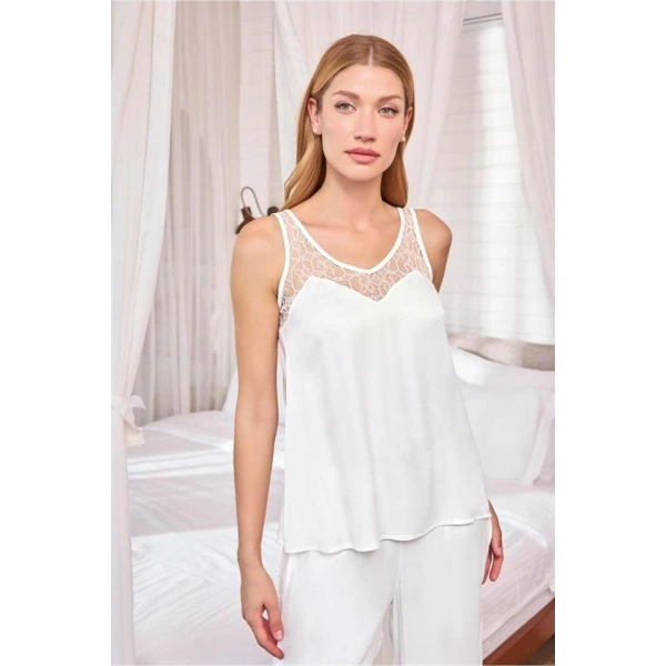 Dantelli ve Dekolteli Saten Pijama Takımı - SSSSSS3762-9159