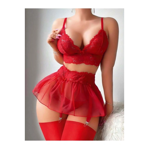 Kırmızı Dantelli Etekli Fantez Jartiyer Takım - SSSSSS6333-9268