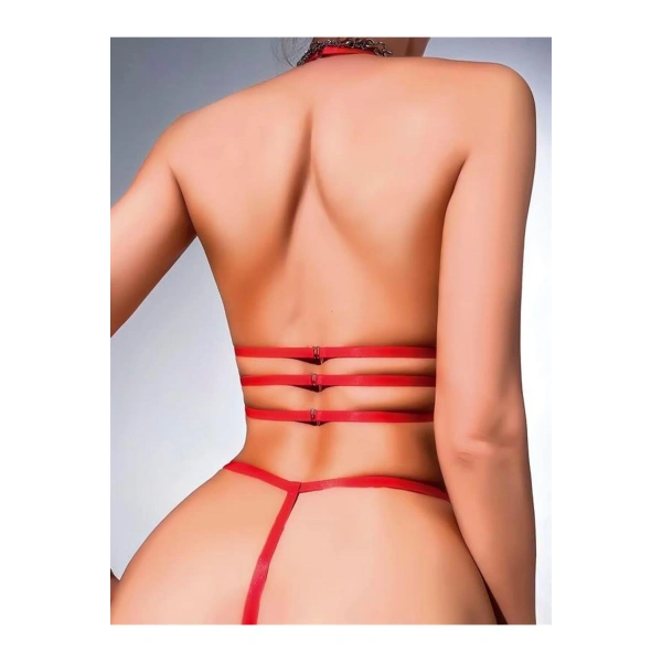Kırmızı Kalp Desenli Fantezi Sütyen Külot Takımı - SSSSSS2128-3832