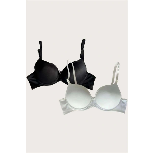 Siyah-Beyaz 2li Mikro Kumaş Push Up Dolgulu Balenli Günlük Destekli Sütyen - SSSSSS9746-3731