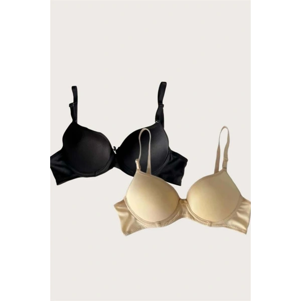 Siyah-Ten 2li Mikro Kumaş Push Up Dolgulu Balenli Günlük Destekli Sütyen - SSSSSS8473-3843