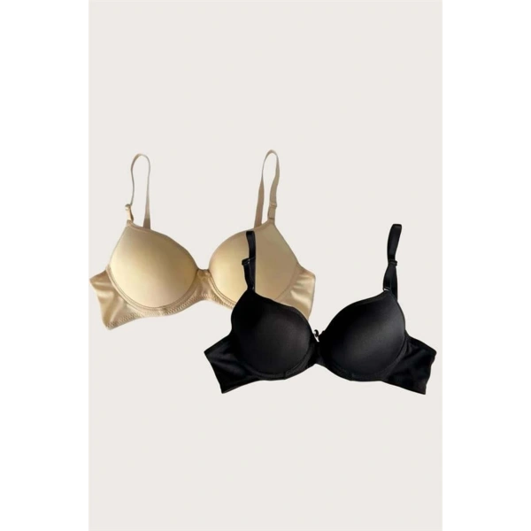 Siyah-Ten 2li Mikro Kumaş Push Up Dolgulu Balenli Günlük Destekli Sütyen - SSSSSS8473-3843