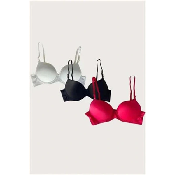 Beyaz-Siyah-Kırmızı 3lü Mikro Kumaş İçi Boş Balenli Günlük Desteksiz Süt - SSSSSS8146-9