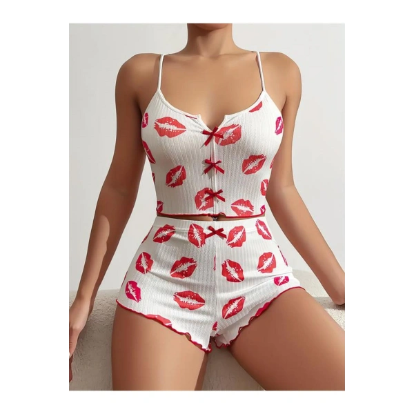 Dudak Desenli Şortlu Pijama Takımı - SSSSSS7471-2872