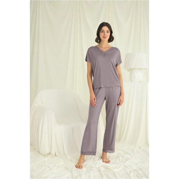 Kısa Kollu V Yakalı Dantelli Pijama Takımı - SSSSSS8587-6303